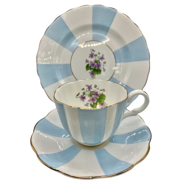 Vintage 1950s Dessert Set w/Tea Cup Saucer Plate English Bone China Blue Stripes Violet Floral