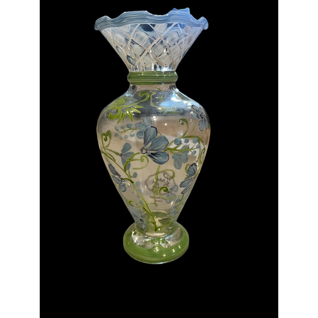 Tracy Porter Hand Painted Glass Bud Vase Scalloped Edge Blue Flowers