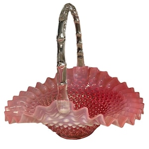 Vintage Fenton Glass Basket Cranberry Hobnail Ruffle Pink Opalescent