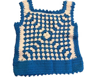 Vintage Handmade Crochet Girls Child's Top Blue White Medium