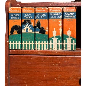 Organizer da scrivania in legno vintage Dennison Boxes 1930-1940, stile rustico, da collezione