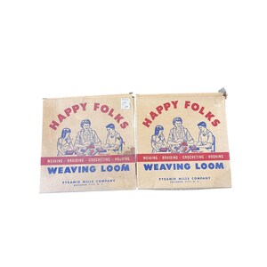 Telares de tejer Happy Folks vintage con ganchos e instrucciones para tejer con hilo (lote de 2)