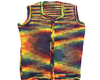 Handmade Rainbow Crochet Vest Button Closure Multicolor Knit Top XS