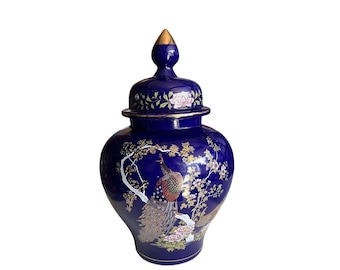 Jarrón/urna de cerámica japonesa vintage azul cobalto con diseño floral de pavo real, 28 cm (11 pulgadas)
