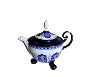 Vintage Bombay Co Grace Pattern Blue Tea Set of 3 Teapot  Sugar Creamer Set Platinum Trim