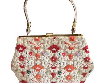Vintage Floral Needlepoint Faux Leather Handbag With Gold-Tone Frame & Snap Closure