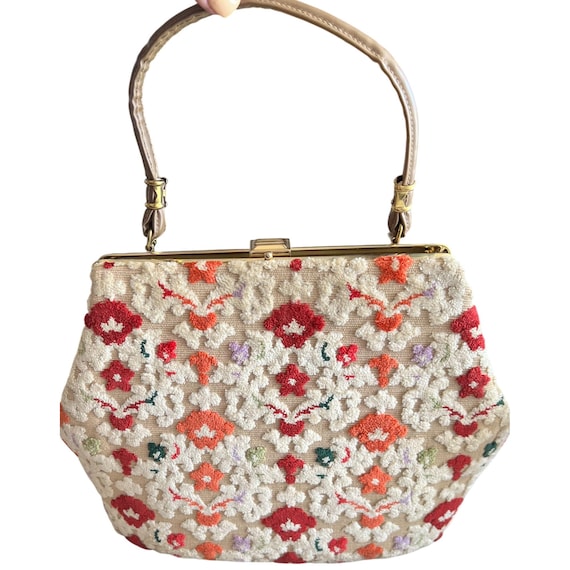 Borsa a mano vintage in similpelle con ricamo floreale, cornice