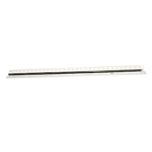 May include: A silver and black 60-inch ruler with both inch and metric measurements. The ruler is made of metal and has a black center strip. The numbers and markings are in black.