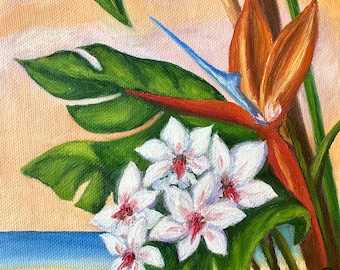 Original oil painting on canvas, impressionist, beach, nature, flowers, sea, authentic and unique, interior art, white flower, tiny art