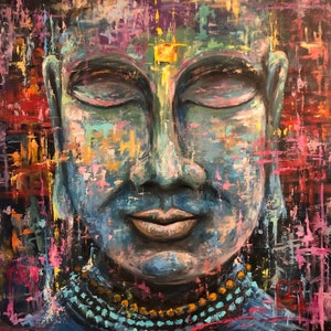 Original Painting Oil On Canvas Large Pop Art Wall Face Colorful Oil Painting Good Vibes