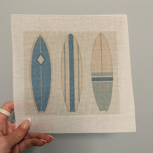 Coastal Surfboard Needlepoint Canvas | 8x8 Printed Canvas | Coastal Beach Needlepoint Design | Summer Surfing Decor Needlepoint Project |