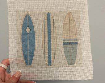 Coastal Surfboard Needlepoint Canvas | 8x8 Printed Canvas | Coastal Beach Needlepoint Design | Summer Surfing Decor Needlepoint Project |