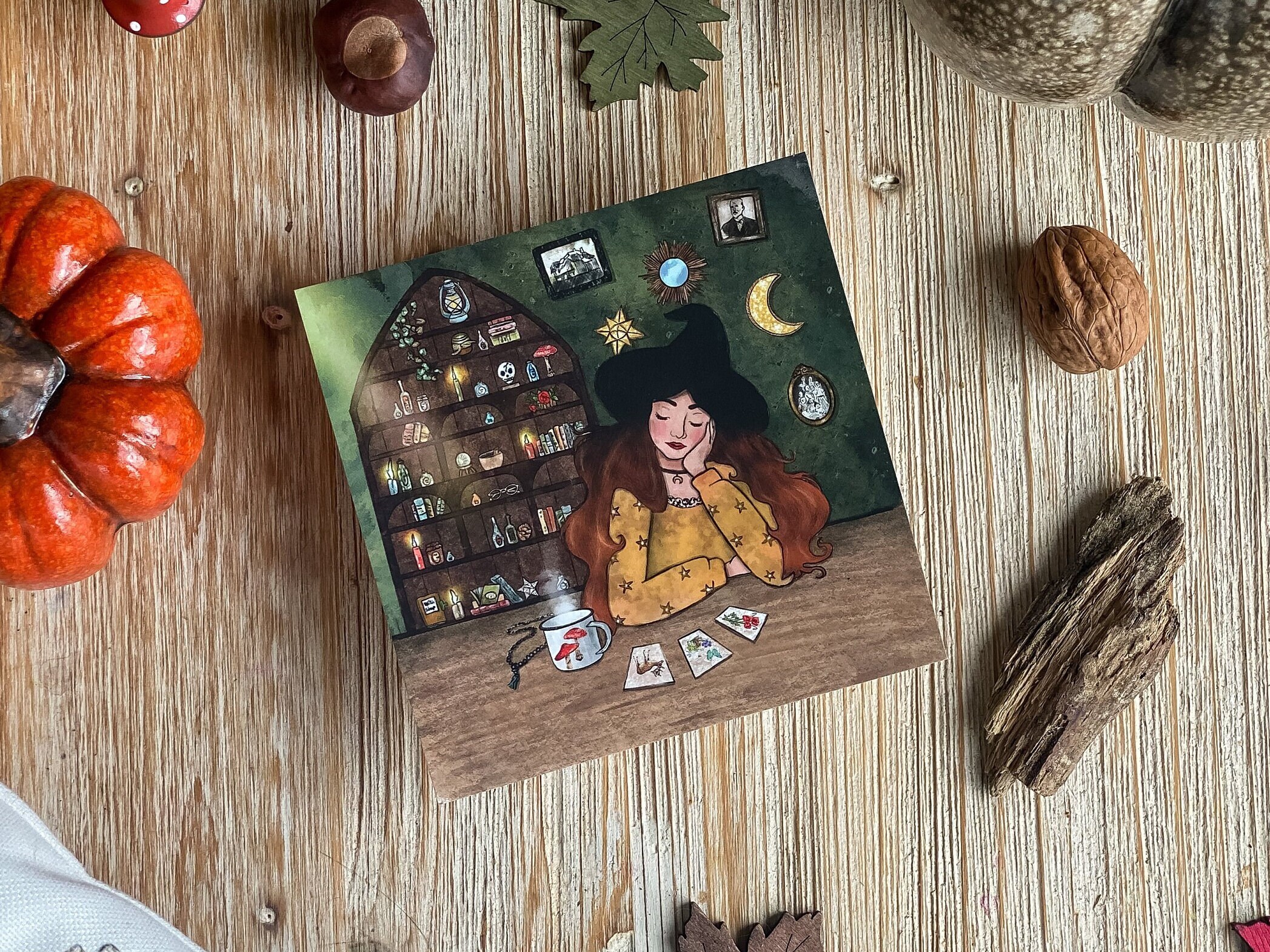 Sorcière Herboriste White | Cottage, Carte de Voeux Saison, Illustrée, Halloween, Impression d'art, 