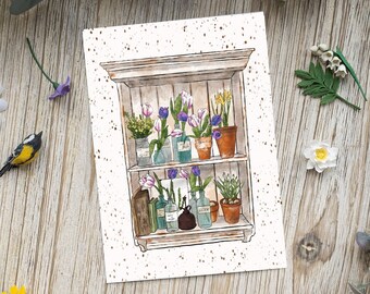 Carte postale illustrée Etagère de fleurs  | Fleuri, Cadeau, Jardin, Carte de voeux, Aquarelle, Illustratrice française