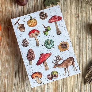 Trésors d'automne  | Feuilles, Carte de voeux de saison, Carte illustrée, Halloween, Citrouille, Champignon, Illustratrice française