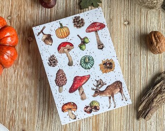 Trésors d'automne  | Feuilles, Carte de voeux de saison, Carte illustrée, Halloween, Citrouille, Champignon, Illustratrice française