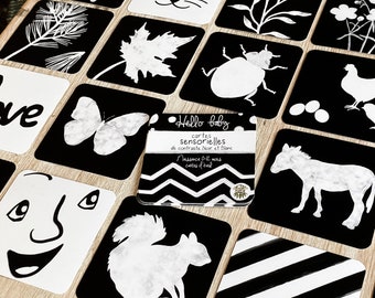Cartes contrastées Noir & Blanc  | 25 cartes d'éveil bébé, Naissance, Montessori, Cartes illustrées, Illustratrice, Bébé, Imagier