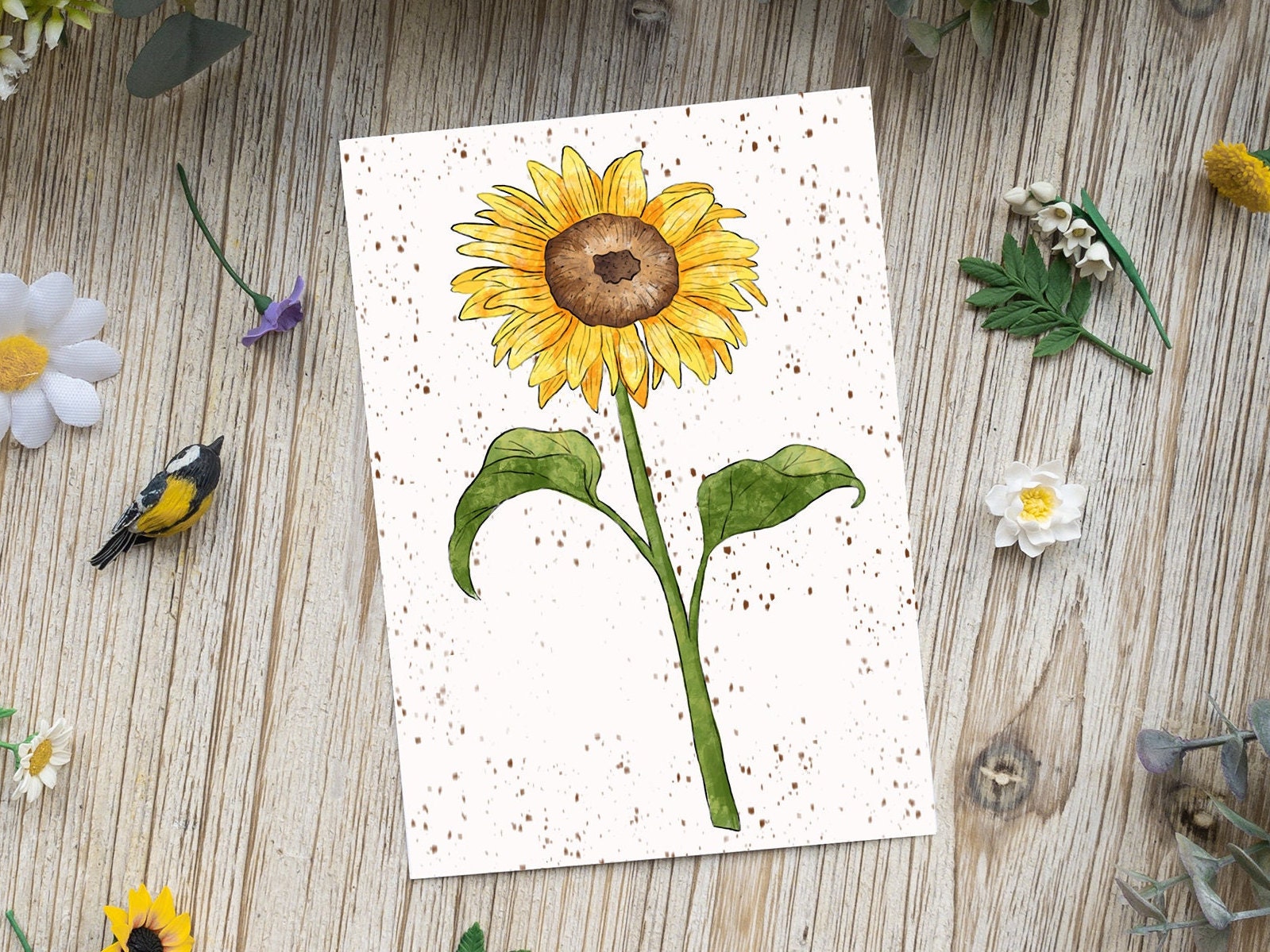 Carte Postale Illustrée Sunflower | Tournesol, Fleuri, Cadeau, Jardin, Carte de Voeux, Aquarelle, Il