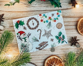 Carte postale illustrée Magie de Noël  | Bonhomme de neige, Luge, Carte de voeux, Aquarelle, Illustratrice française