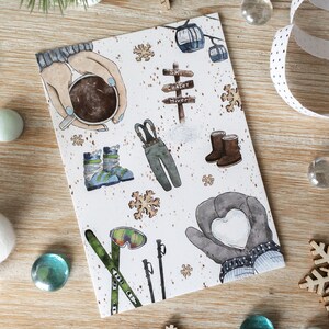 Illustrierte Postkarte Abfahrt zum Skifahren | Schnee, Grußkarte, Weihnachten, heiße Schokolade, Fäustlinge, Berg, französischer Illustrator