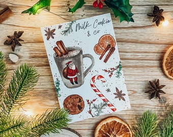 Illustrated postcard Milk, Cookie & co | Coffee, Hot chocolate, Cup, Gourmet Christmas, Cookie, Barley sugar, French illustrator