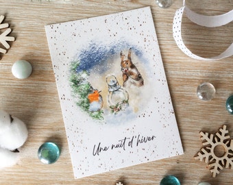 Illustrierte Postkarte Eine Winternacht | Schnee, Grußkarte, Weihnachten, Kaninchen, Wald, verschneit, Rotkehlchen, französischer Illustrator