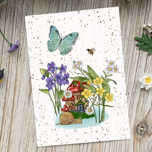 Carte postale illustrée La maison des fées au jardin  | Champignon, fleurs, Jardin, Carte de voeux, Aquarelle, Illustratrice française