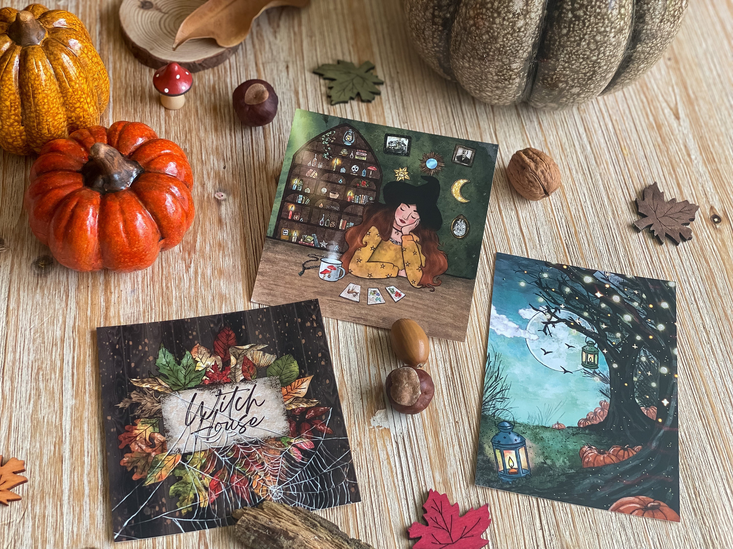 Lot de 3 Cartes Postales | Carte Voeux, Illustrée, Halloween, Citrouille, Feuilles, Féérique, Hanté,