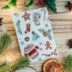 Illustrated postcard My winter favorites | Sweater, Scarf, Hat, Christmas, Traditional Christmas, Greeting card, French illustrator