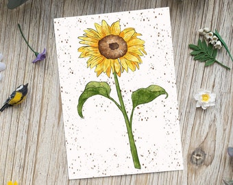 Carte postale illustrée Sunflower  | Tournesol, Fleuri, Cadeau, Jardin, Carte de voeux, Aquarelle, Illustratrice française