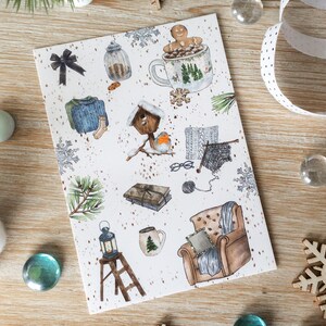 Postal ilustrada de Cocooning Home | Nieve, Tarjeta de felicitación, Navidad, Chalet en la montaña, Manoplas, esquí, ilustrador francés