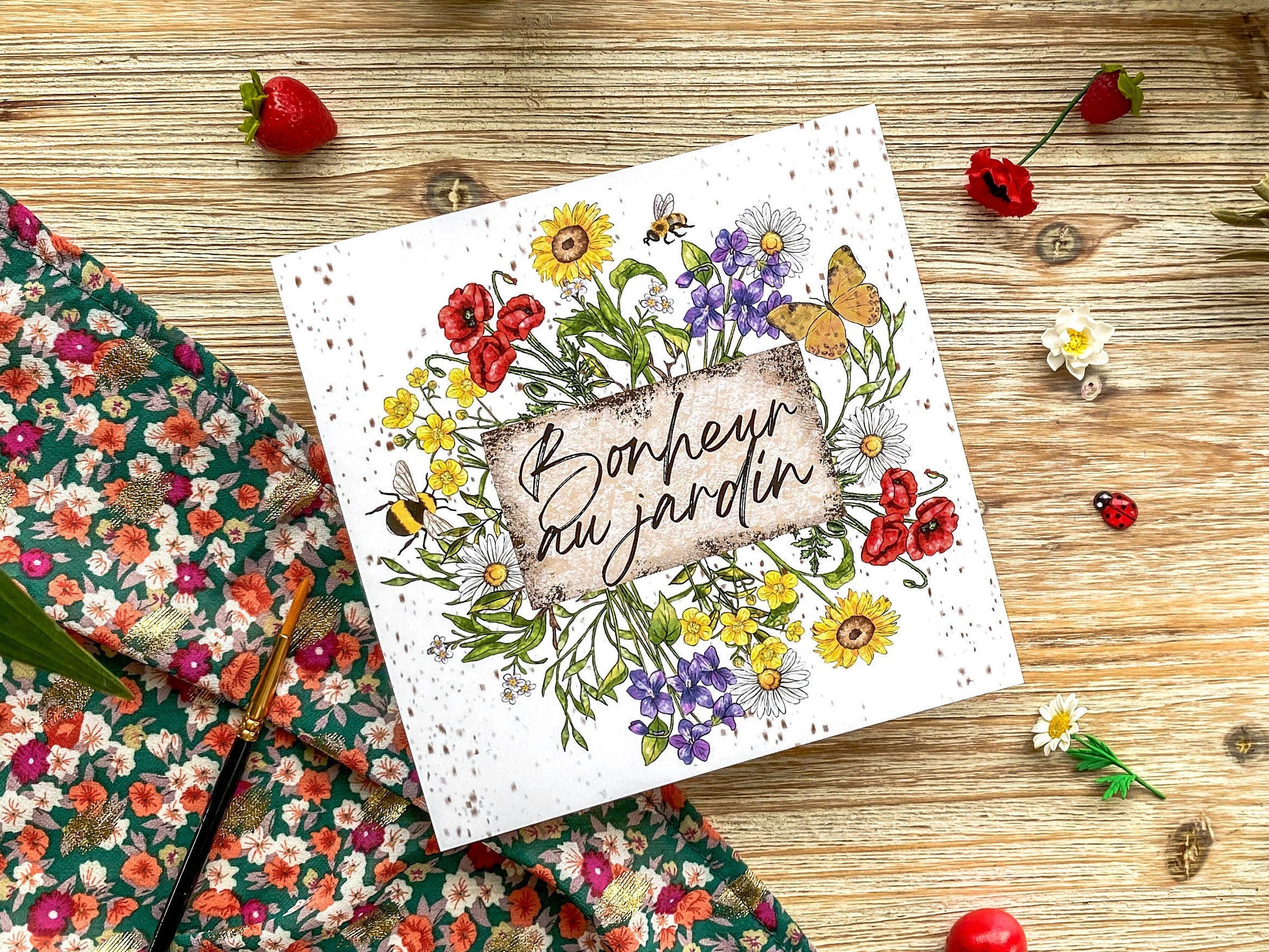Carte Postale Bonheur Au Jardin - de Saison Été Fleurs Fleuri Illustration Impression d'art Art Prin