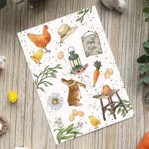 Carte postale illustrée Pâques   | Lapin, Poussins, Jardin, Carte de voeux, Aquarelle, Illustratrice française