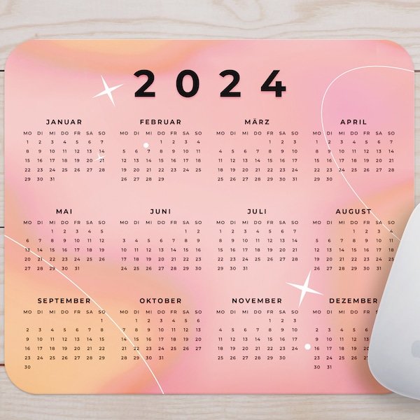 Pfirsichfarbenes Mousepad mit Kalender 2024 - Perfekt fürs Büro, Zuhause, als Geschenk - Deutsch oder Englisch - Ideal zum Valentinstag