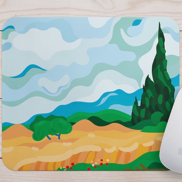 Mousepad im Stil von "Wheat Field with Cypresses" als Illustration - Perfekt fürs Büro, Zuhause, als Geschenk - Ideal zum Valentinstag
