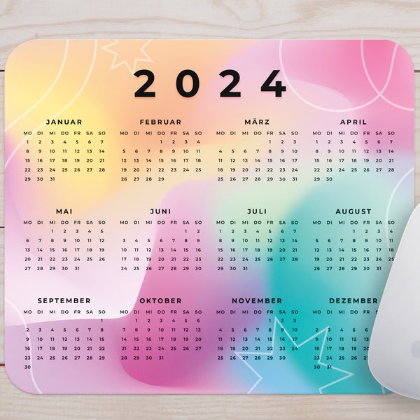 Mousepad mit Kalender 2024 im Colorful Design - Perfekt fürs Büro, Zuhause, als Geschenk - Aesthetic Calendar 2024 - Deutsch oder Englisch