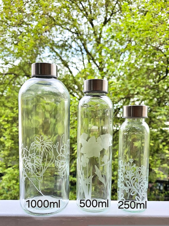 Flower Etched Glass Water Bottle | Reusable, Metal Cap - 250ml, 500ml, 1000ml
