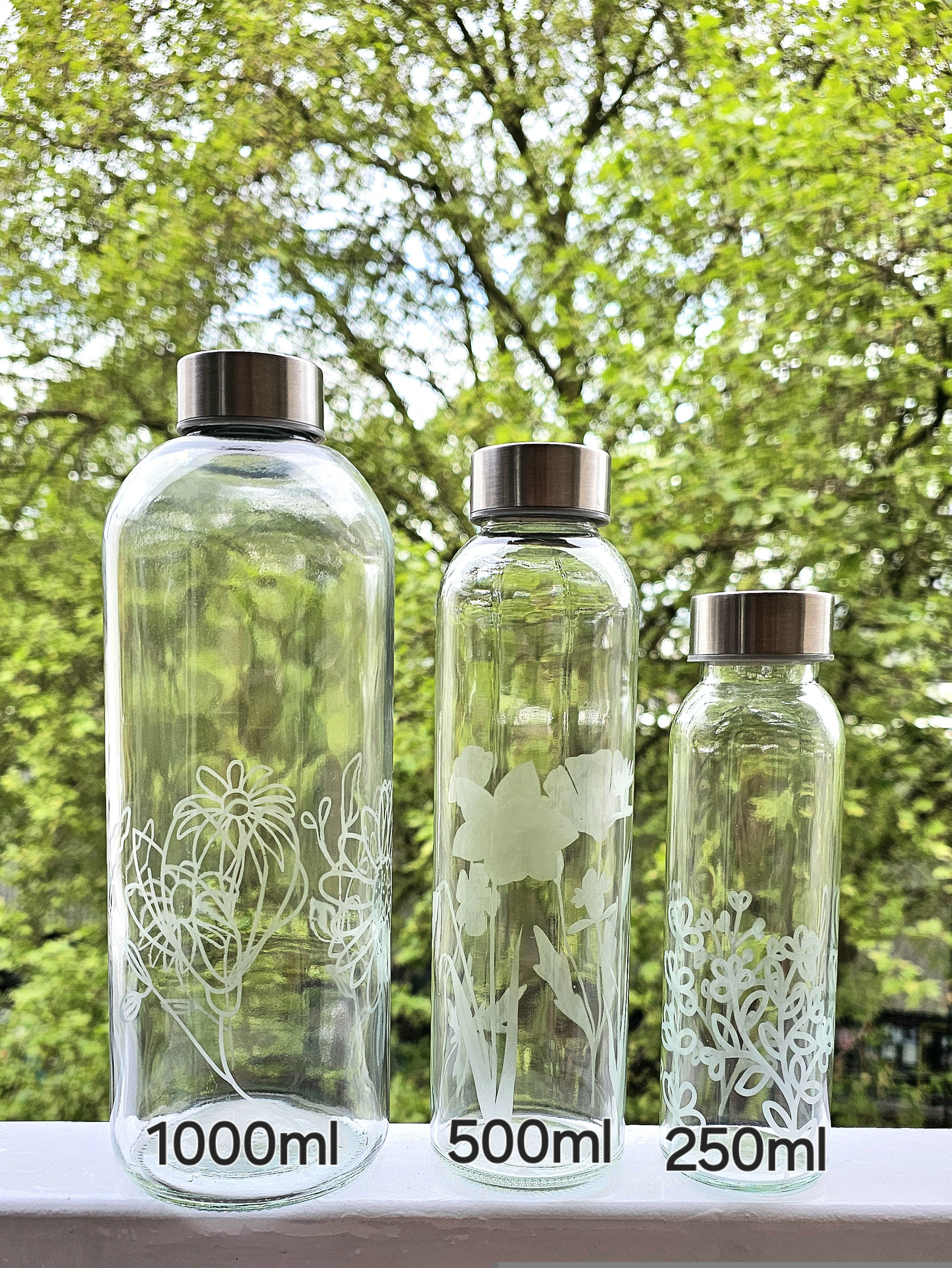 Flower Etched Glass Water Bottle | Reusable, Metal Cap - Etsy