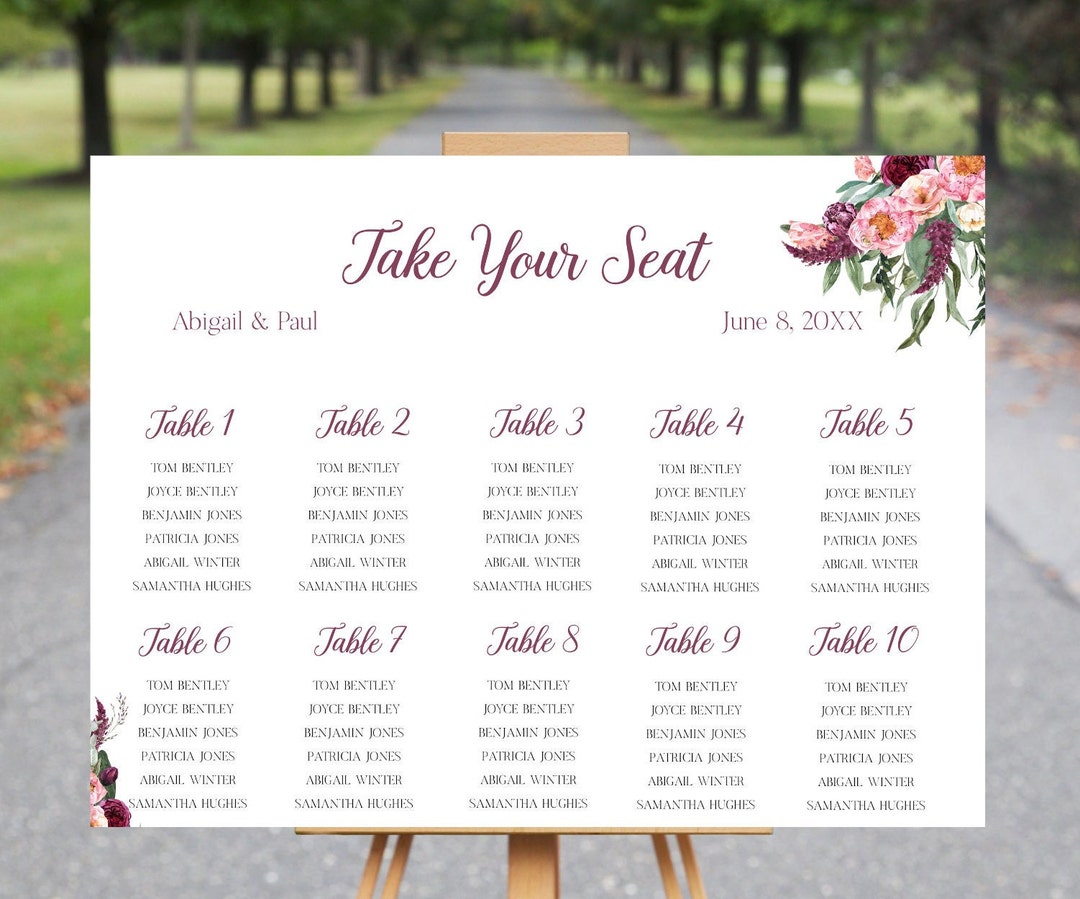 Burgundy Blush Pink Floral Wedding/dinner Rehearsal Horizontal Seating Chart Template, Instant ...