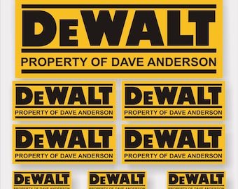 12 stickers DeWalt personnalisés, trois tailles. Laminé pour plus de protection