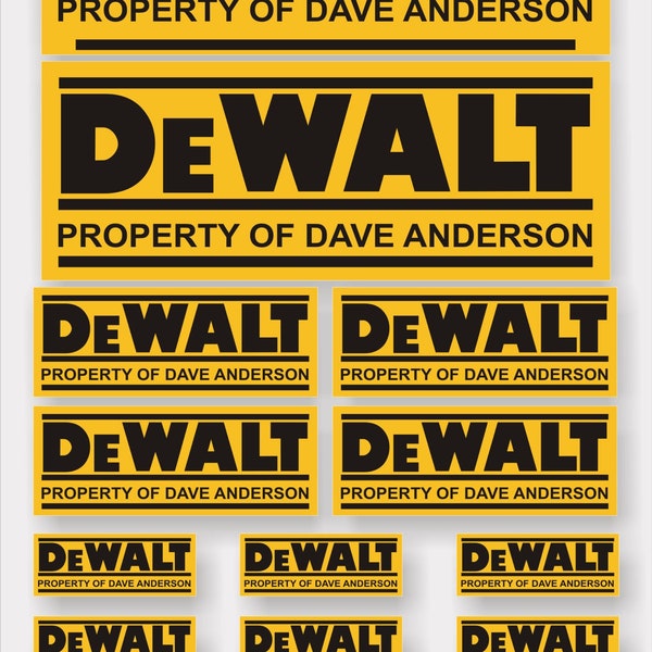12 stickers DeWalt personnalisés, trois tailles. Laminé pour plus de protection