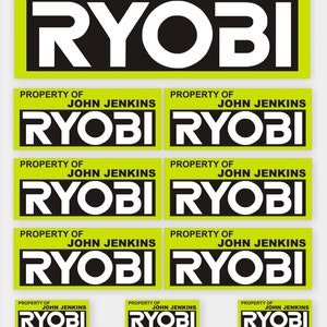 13x Ryobi personalised tool stickers. Quality vinyl, waterproof. Laminated for protection. (Destinations outside UK are 2-3 week delivery)