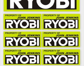 13x Ryobi personalised tool stickers. Quality vinyl, waterproof. Laminated for protection.