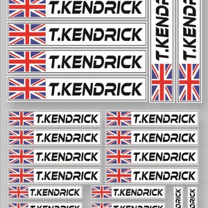 Peut inclure: Un ensemble de 18 autocollants représentant le drapeau britannique et le texte "T.KENDRICK".