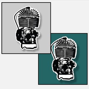 Könnte beinhalten: Schwarzweiß-Illustration eines Motorradmotors mit einem gefinnten Zylinderkopf und einem Vergaser.