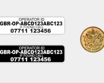 10x Drone Operator ID and Phone Number Stickers, High quality waterproof and laminated. (Destinations outside UK 2-3 week delivery)