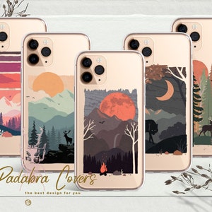 Transparent Landscape Wolf Sun Forrest Nature phone case fits for iPhone 15 pro max, 14 , iPhone 13 & Samsung s23 ultra, s22 Pixel 8,7,7a,6a
