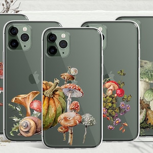 Clear Fall Autumn Toadstool Mushrooms Pastel Phone Case fit for iPhone 15 pro max, 15 plus, 14 pro,13, 12 pro & SAMSUNG S23 S22, Pixel 8,7,6