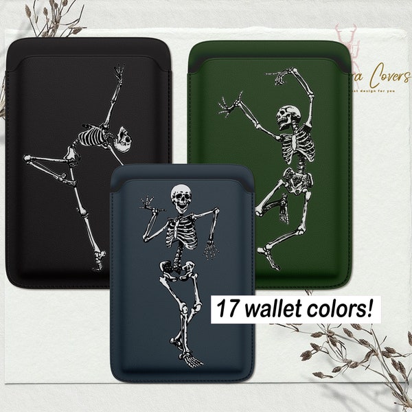 Skeleton for Witches Cute Black Leather Magsafe Wallet, Card Holder Case for iPhone 15,14, 13, iPhone 12 models, Genuine Leather Card Holder