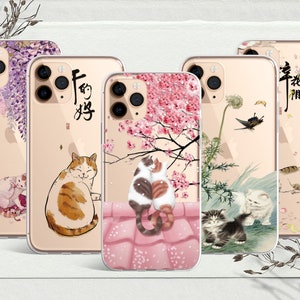 Transparent Cute Cat Japanese Art  phone case for fits iPhone 15, 15 plus, 14, 13 mini & Samsung S23, S22, S21 and Google Pixel 8, 7, 7a, 6